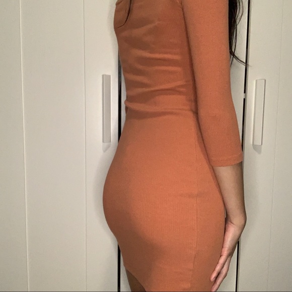 Coral 3/4 Sleeve Ribbed Off Shoulder Bodycon Dress - Picture 3 of 10